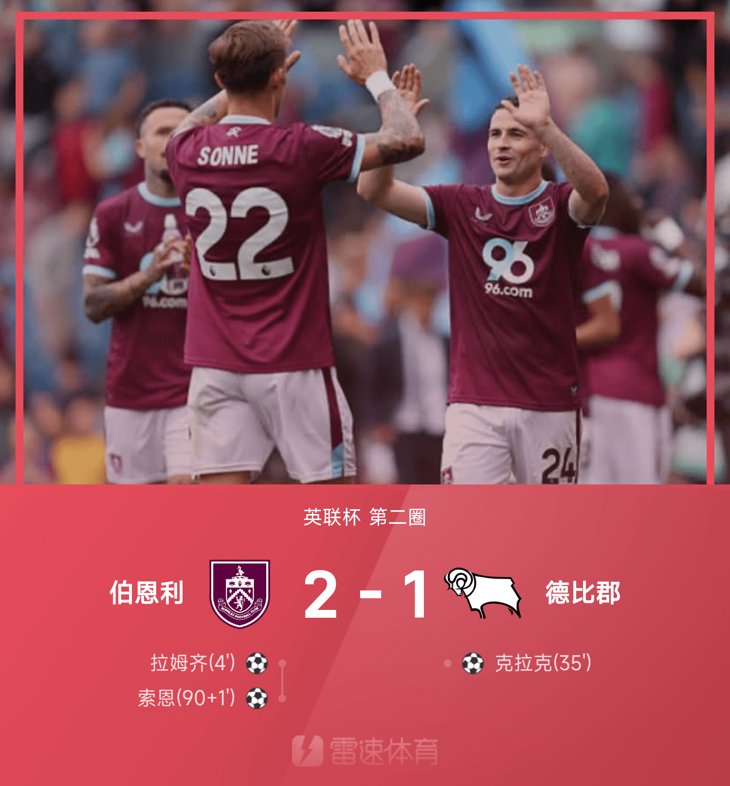 米兰体育入口-英联杯战报：拉姆齐闪击，索恩绝杀，伯恩利2-1力克德比郡